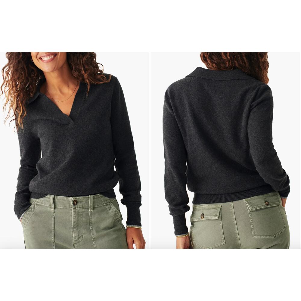 Faherty Jackson Polo Collared Cotton Blend V-Neck Gray Sweater Medium